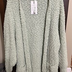 Green Plush Cardigan with Fuzzy Texture and Open Front